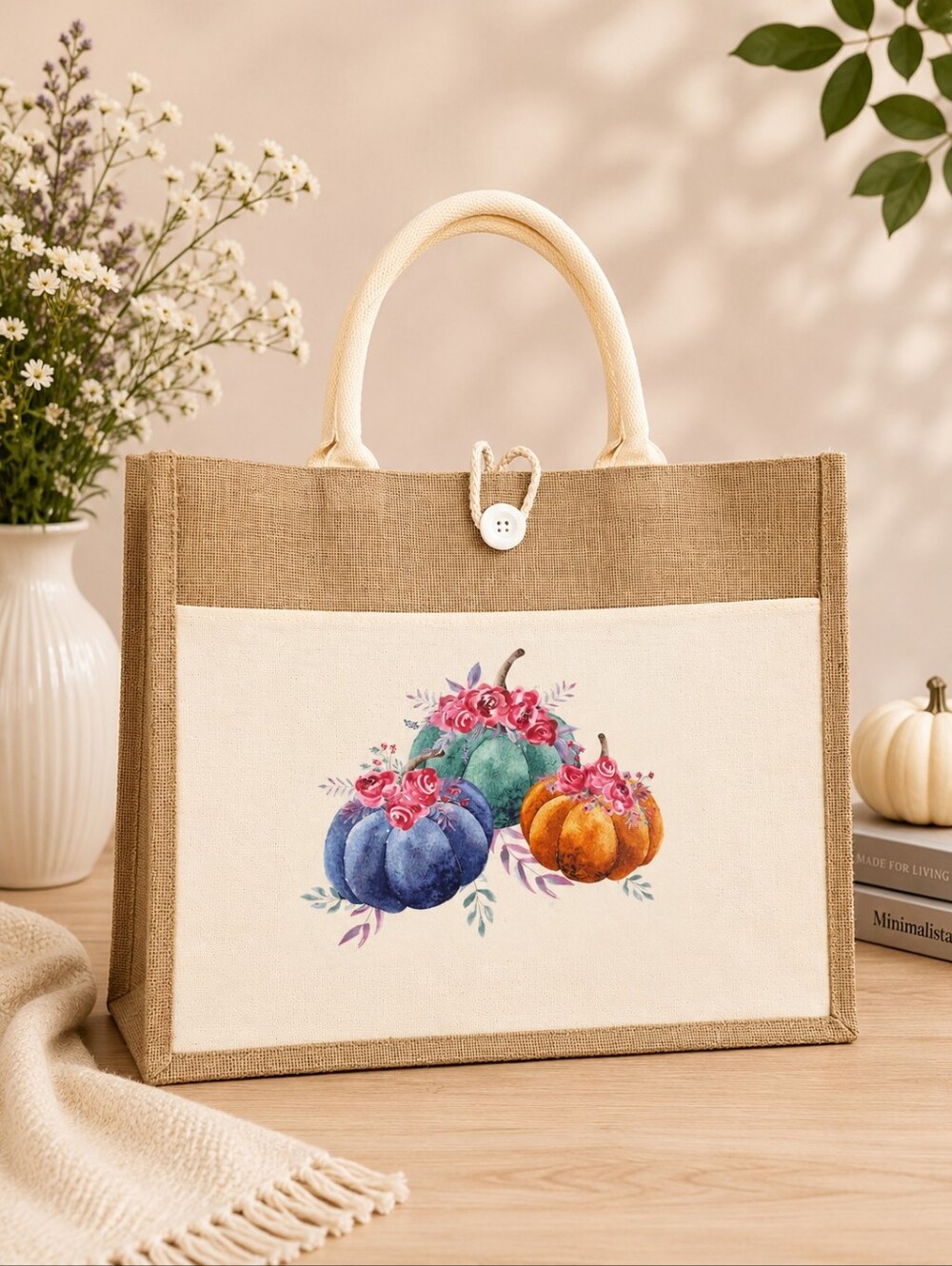 Large Jute Tote Bag Pumpkin Floral Autumn Harvest Reusable Market Bag